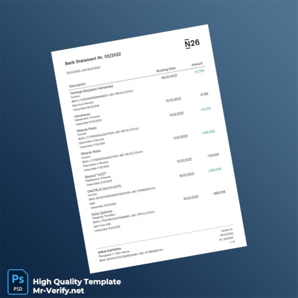 Germany N26 Bank Statement Template in Word and PDF formats