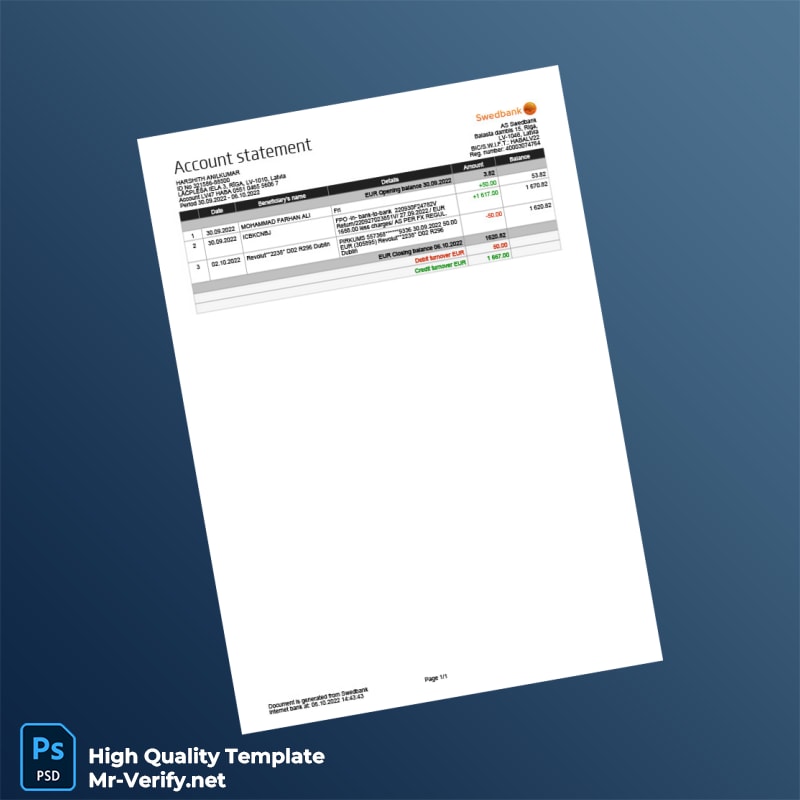 Germany Swedbank Bank Statement Template in Word and PDF formats Germany Swedbank Bank Statement Template in Word and PDF formats