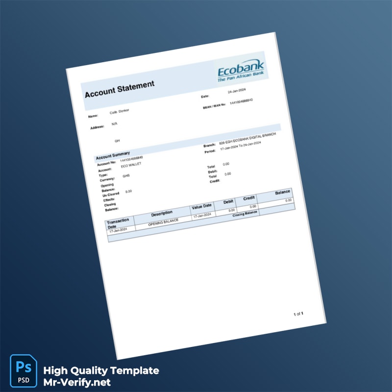 Ghana Ecobank Account Statement Template in Word and PDF formats Ghana Ecobank Account Statement Template in Word and PDF formats