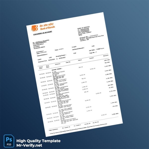 India - Bank Statement Template in Word and PDF formats