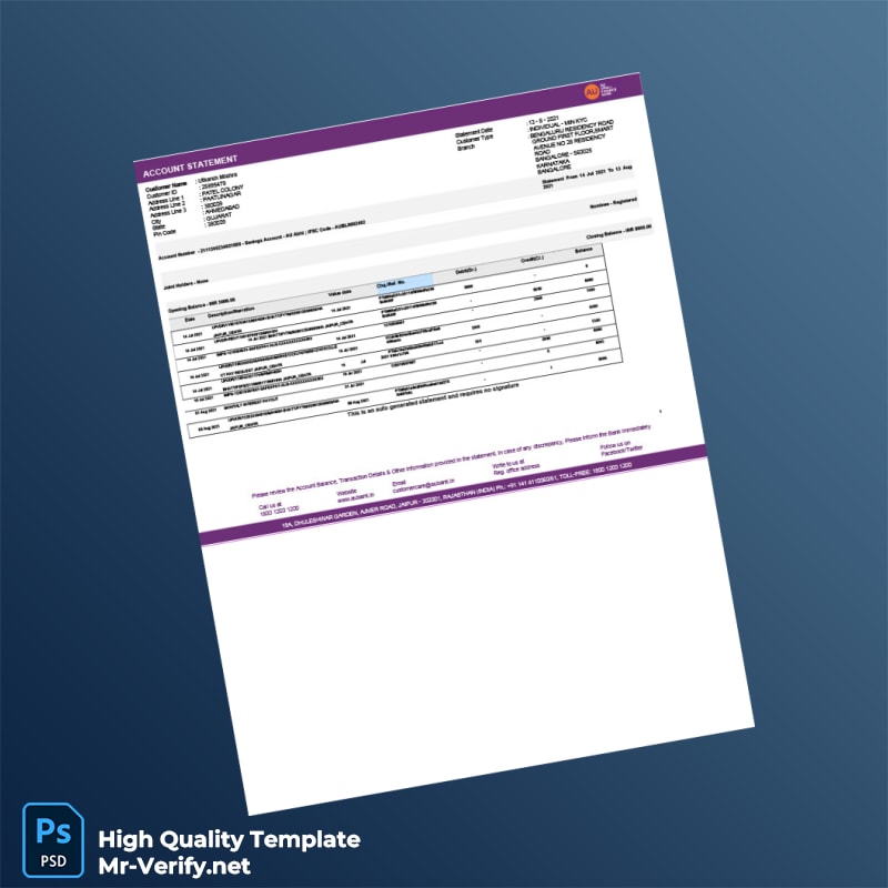 India AU Abhi Bank Statement Template in Word and PDF formats India AU Abhi Bank Statement Template in Word and PDF formats