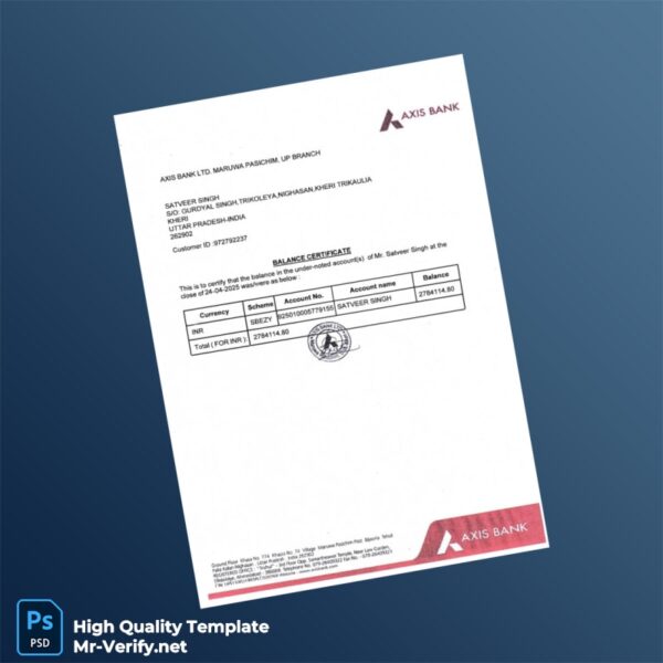 India Axis Bank Balance Certificate Template in Word and PDF formats