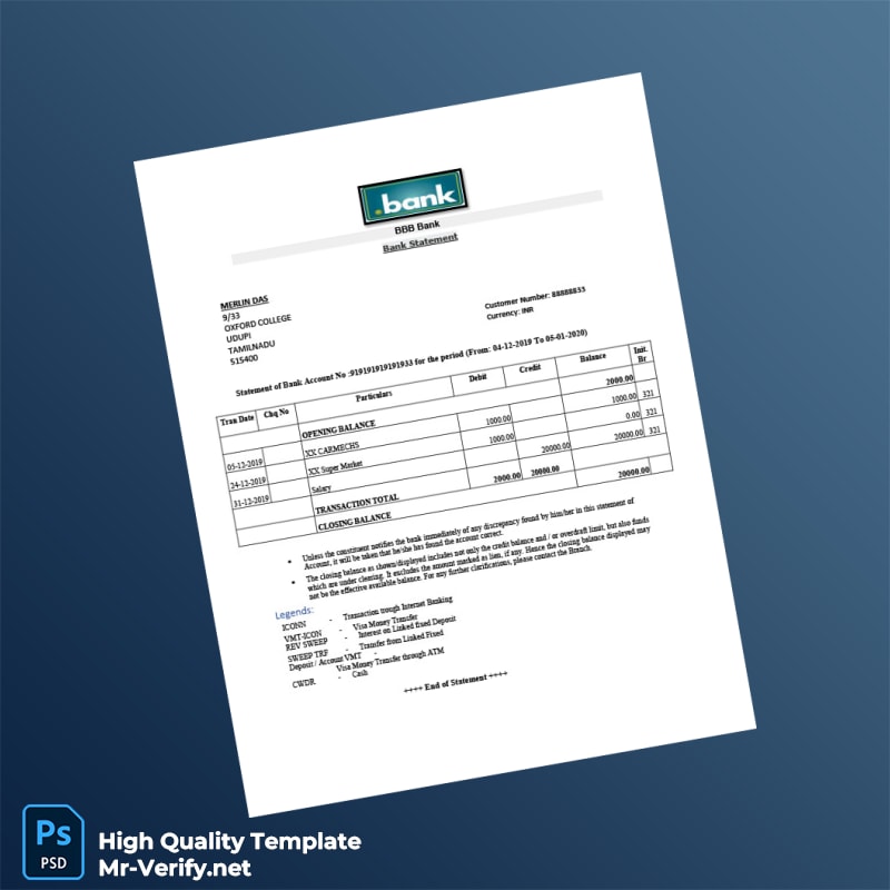 India BBB Bank Statement Template in Word and PDF formats India BBB Bank Statement Template in Word and PDF formats
