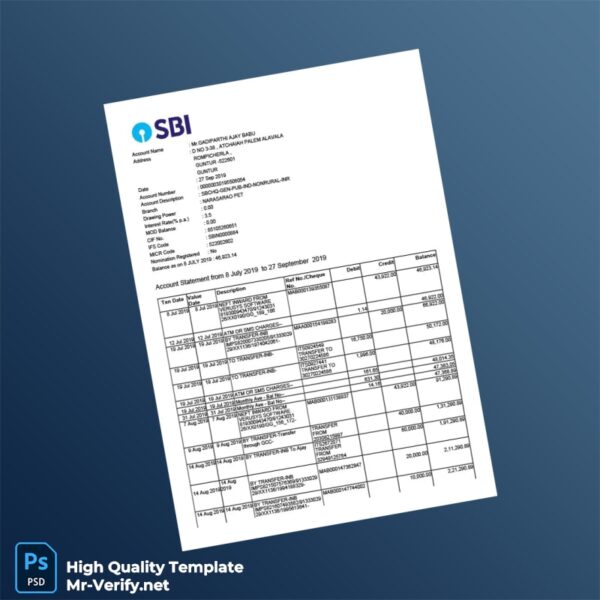 India Bank Account Statement Template in Word and PDF formats