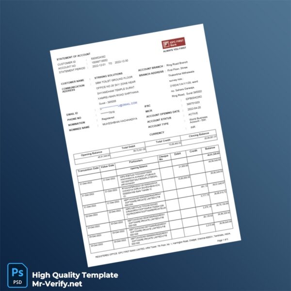 India Bank Statement of Payout Account Template in Word and PDF formats