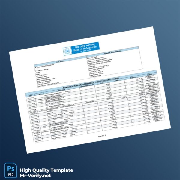 India Bank of Maharashtra Account Statement Template in Word and PDF formats India Bank of Maharashtra Account Statement Template in Word and PDF formats