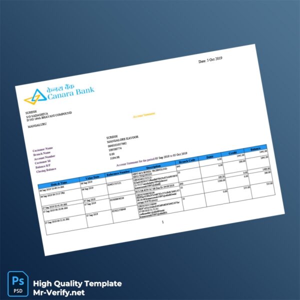 India Canara Bank Account Statement Template in Word and PDF formats India Canara Bank Account Statement Template in Word and PDF formats