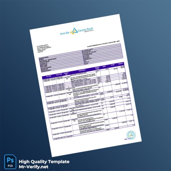 India Canara Bank Statement Template in Word and PDF formats