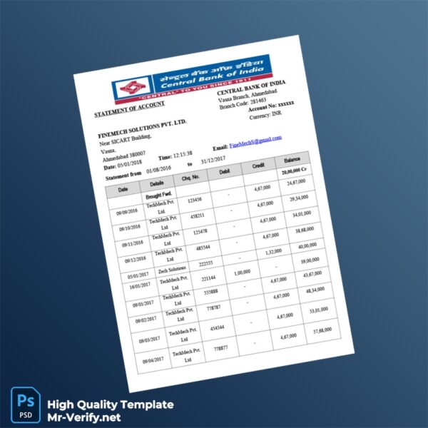 India Central Bank Statement Template in Word and PDF formats