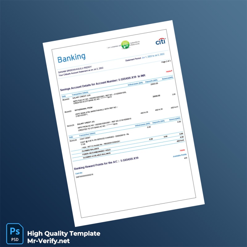 India Citibank Account Statement Template in Word and PDF formats page 2 India Citibank Account Statement Template in Word and PDF formats page 2