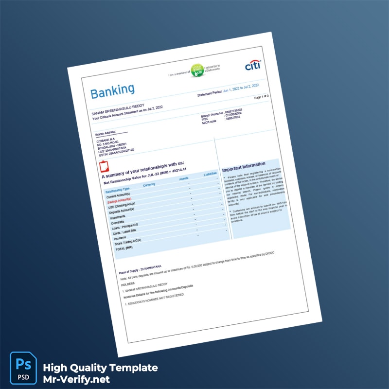 India Citibank Account Statement Template in Word and PDF formats India Citibank Account Statement Template in Word and PDF formats