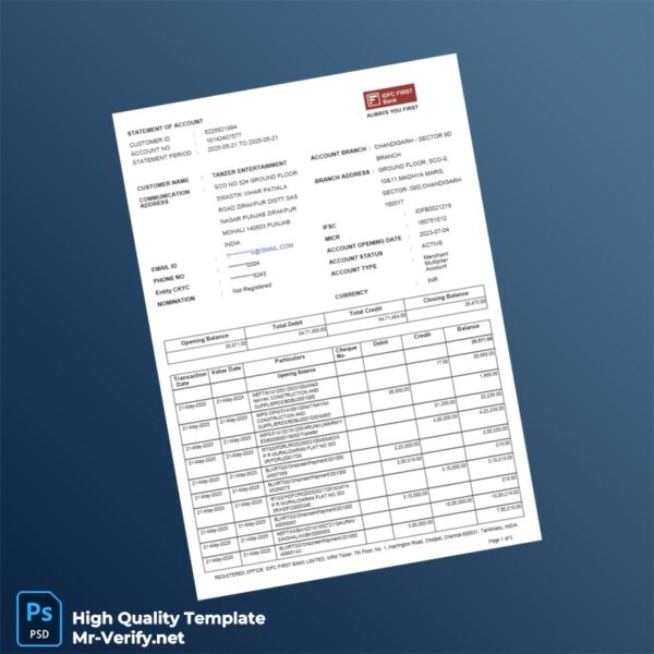 India DFC First Bank Statement Template in Word and PDF formats