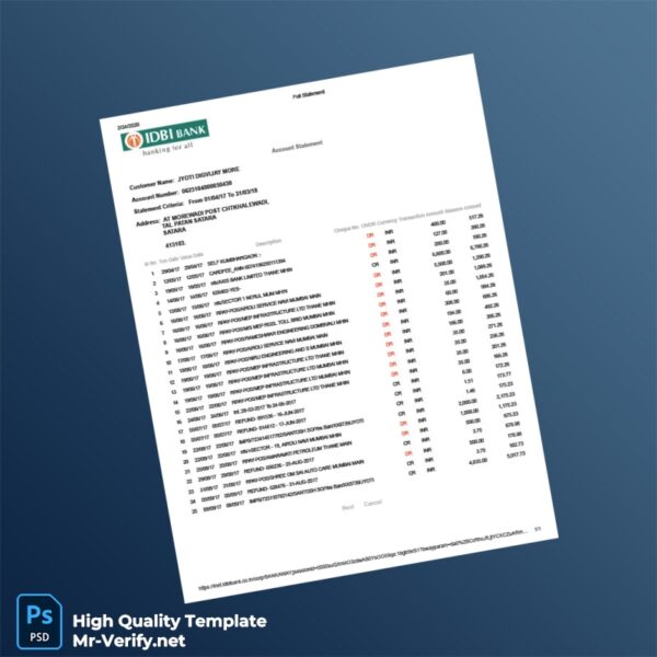 India Editable Bank Statement Template in Word and PDF formats