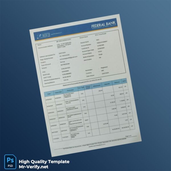 India Federal Bank Account Statement Template in Word and PDF formats India Federal Bank Account Statement Template in Word and PDF formats