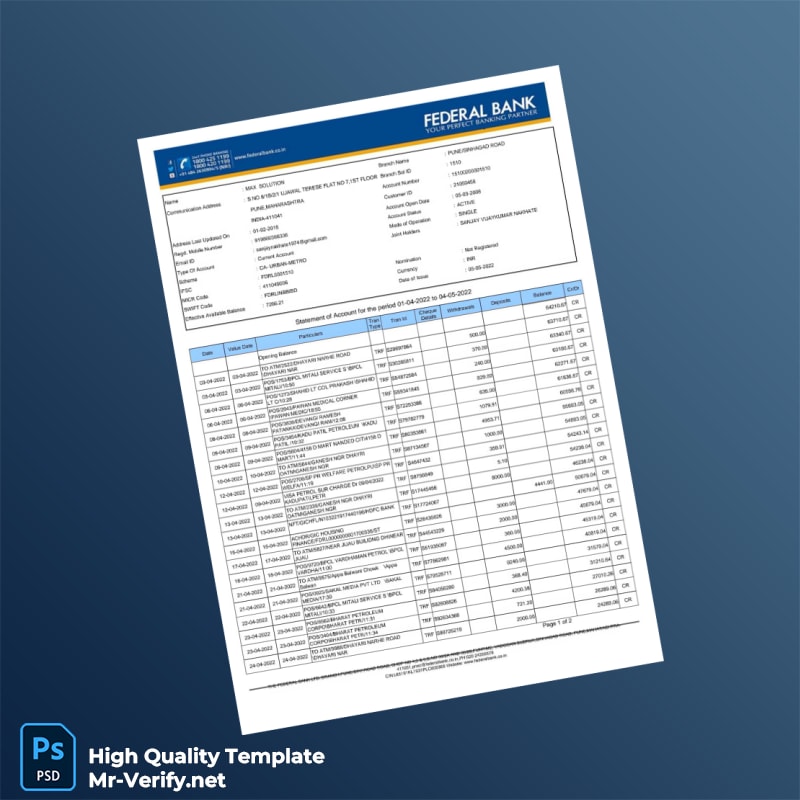 India Federal Bank Statement Template in Word and PDF formats India Federal Bank Statement Template in Word and PDF formats