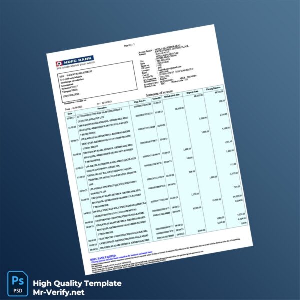 India HDFC Bank Account Statement Template in Word and PDF formats