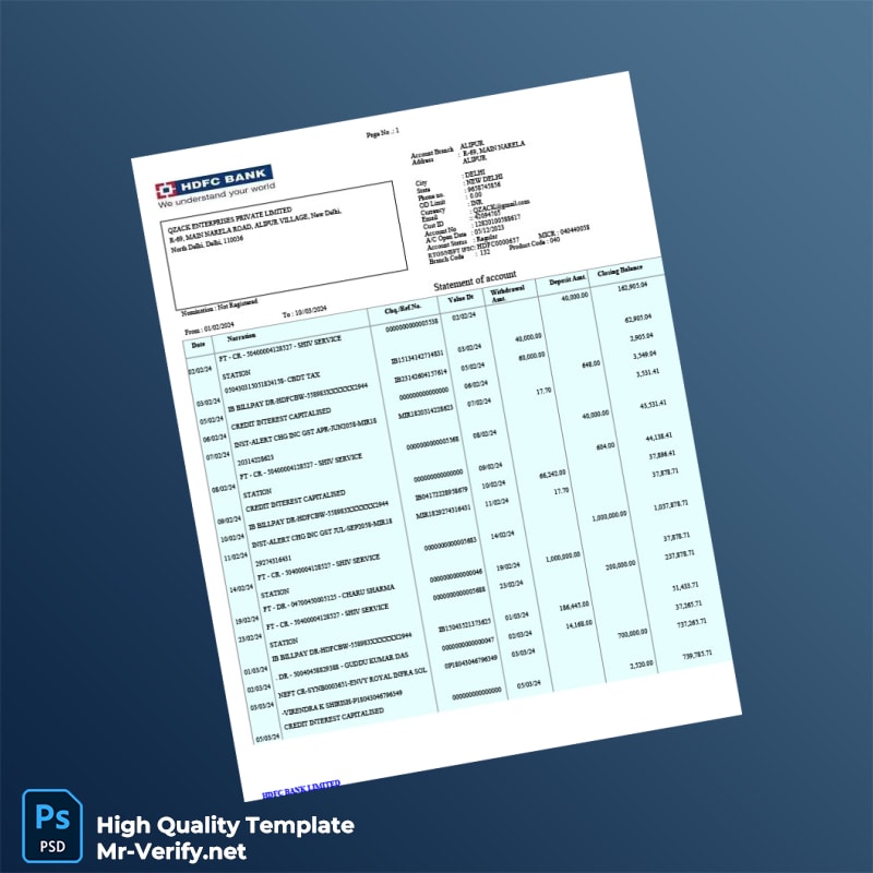 India HDFC Bank Statement Template in Word and PDF formats India HDFC Bank Statement Template in Word and PDF formats