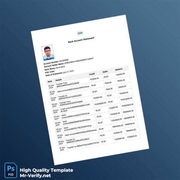 India Home Bank Bank Account Statement Template in Word and PDF formats