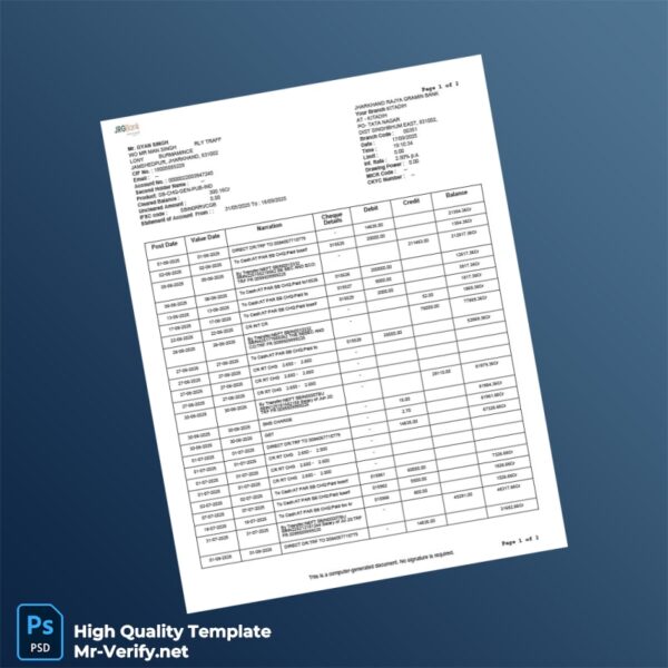 India Jharkhand Rajya Gramin Bank Bank Statement Template in Word and PDF formats
