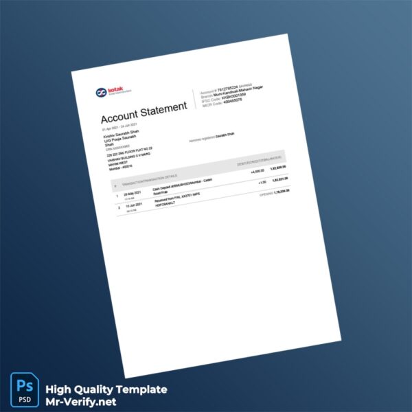 India KKBK Bank Statement Template in Word and PDF formats