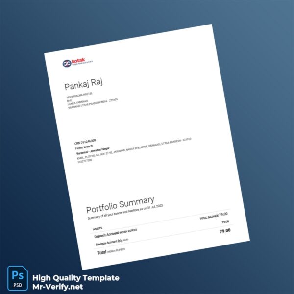 India Kotak Bank Statement Template in Word and PDF formats