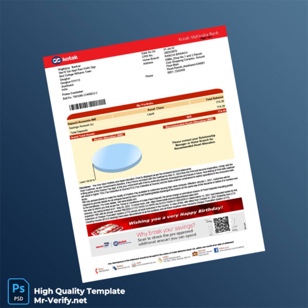 India Kotak Mahindra Bank Bank Statement Template in Word and PDF formats