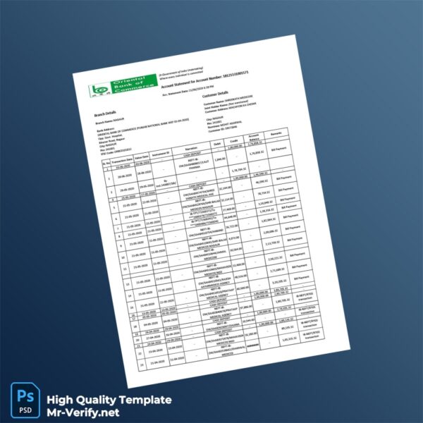 India Oriental Bank of Commerce Account Statement Template in Word and PDF formats