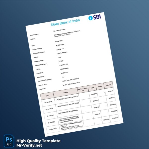 India SBI Account Statement Template in Word and PDF formats