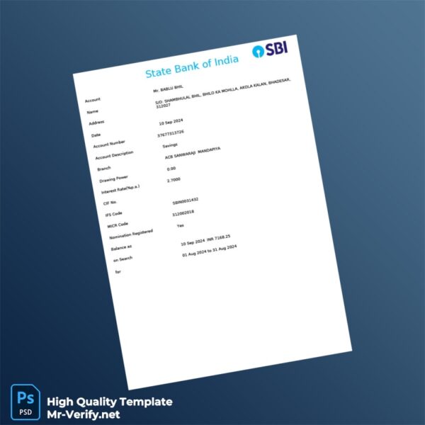 India SBI Bank Statement Template in Word and PDF formats