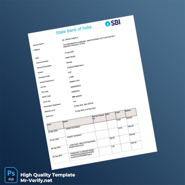 India SBIN Bank Statement Template in Word and PDF formats
