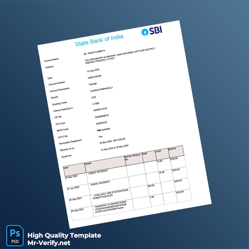 India SBIN Bank Statement Template in Word and PDF formats India SBIN Bank Statement Template in Word and PDF formats