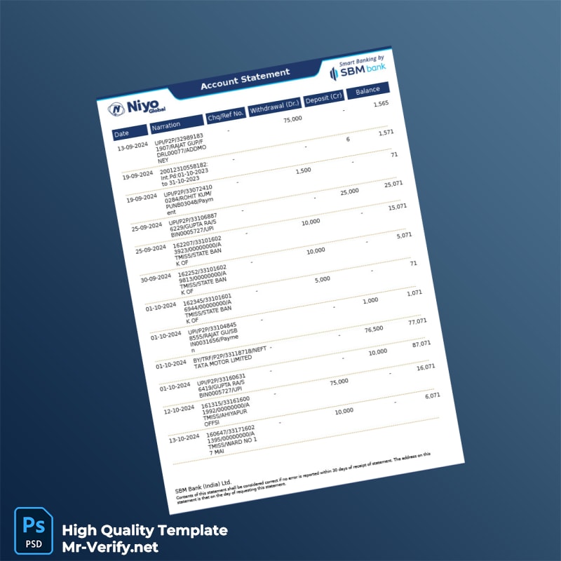 India SBM Bank Account Statement Template in Word and PDF formats page 2 India SBM Bank Account Statement Template in Word and PDF formats page 2