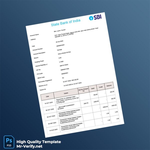 India State Bank of India Account Statement Template in Word and PDF formats