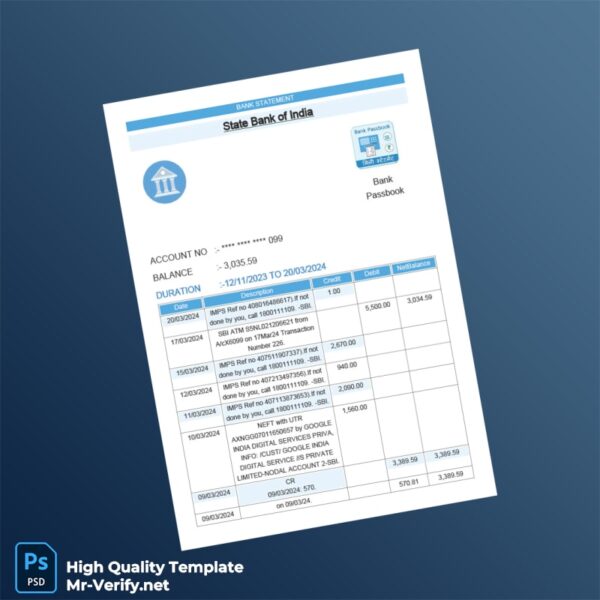 India State Bank of India Bank Statement Template in Word and PDF formats