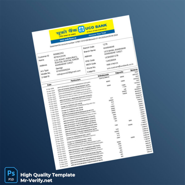 India UCO Bank Statement Template in Word and PDF formats India UCO Bank Statement Template in Word and PDF formats