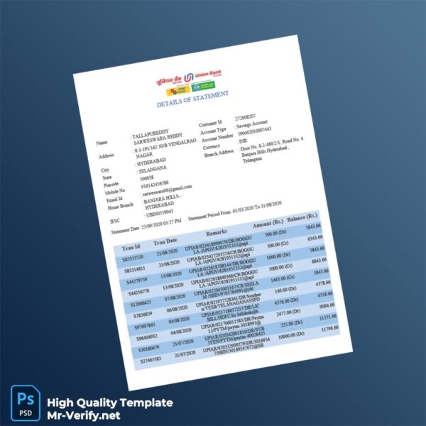India Union Bank Bank Statement Template in Word and PDF formats