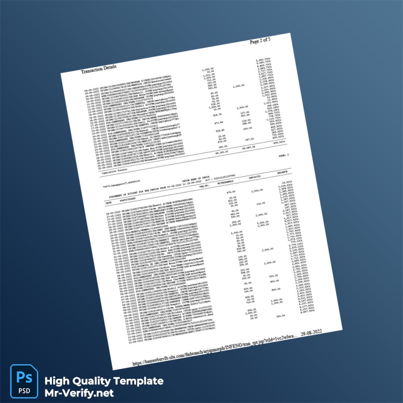 India Union Bank of India Bank Statement Template in Word and PDF formats page 2 India Union Bank of India Bank Statement Template in Word and PDF formats page 2