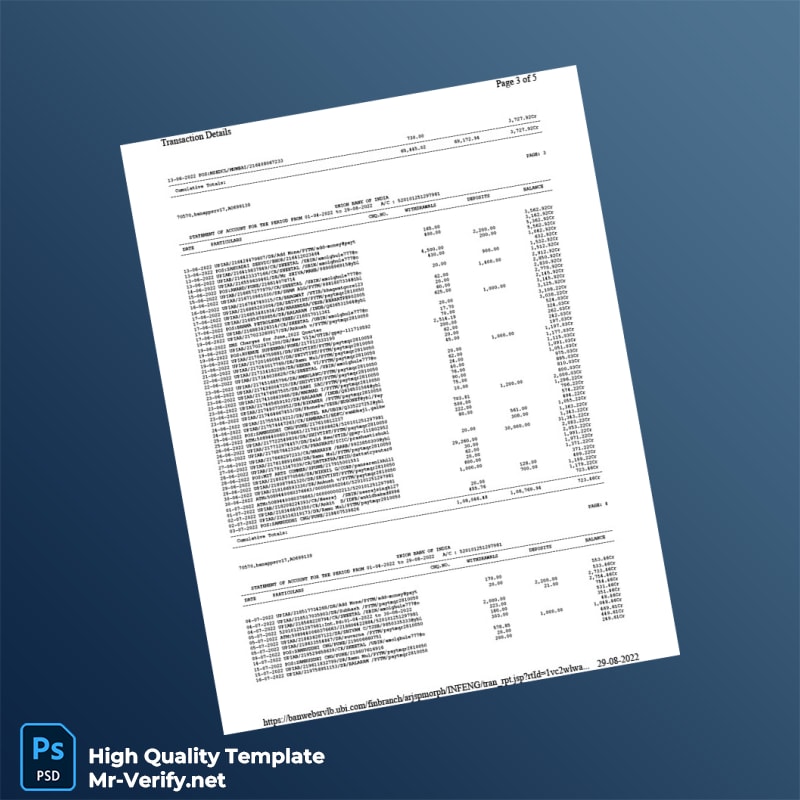 India Union Bank of India Bank Statement Template in Word and PDF formats page 3 India Union Bank of India Bank Statement Template in Word and PDF formats page 3