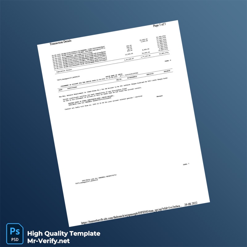 India Union Bank of India Bank Statement Template in Word and PDF formats page 5 India Union Bank of India Bank Statement Template in Word and PDF formats page 5