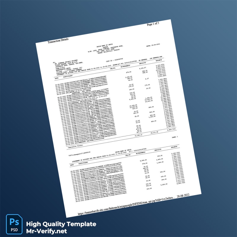 India Union Bank of India Bank Statement Template in Word and PDF formats India Union Bank of India Bank Statement Template in Word and PDF formats