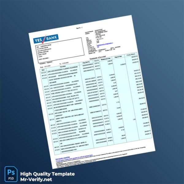 India YES Bank Bank Statement Template in Word and PDF formats