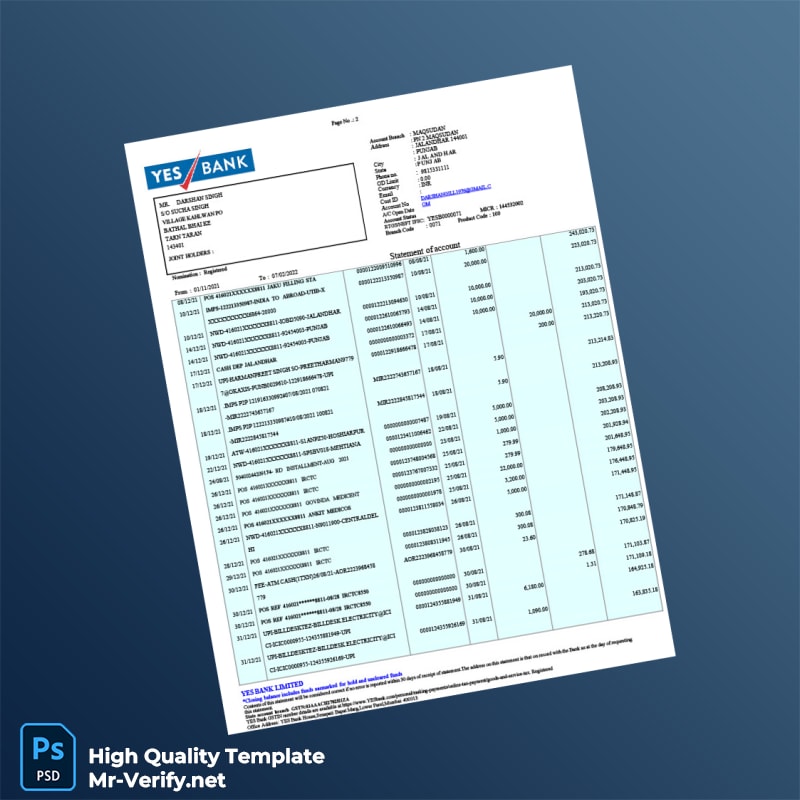 India YES Bank Bank Statement Template in Word and PDF formats page 2 India YES Bank Bank Statement Template in Word and PDF formats page 2