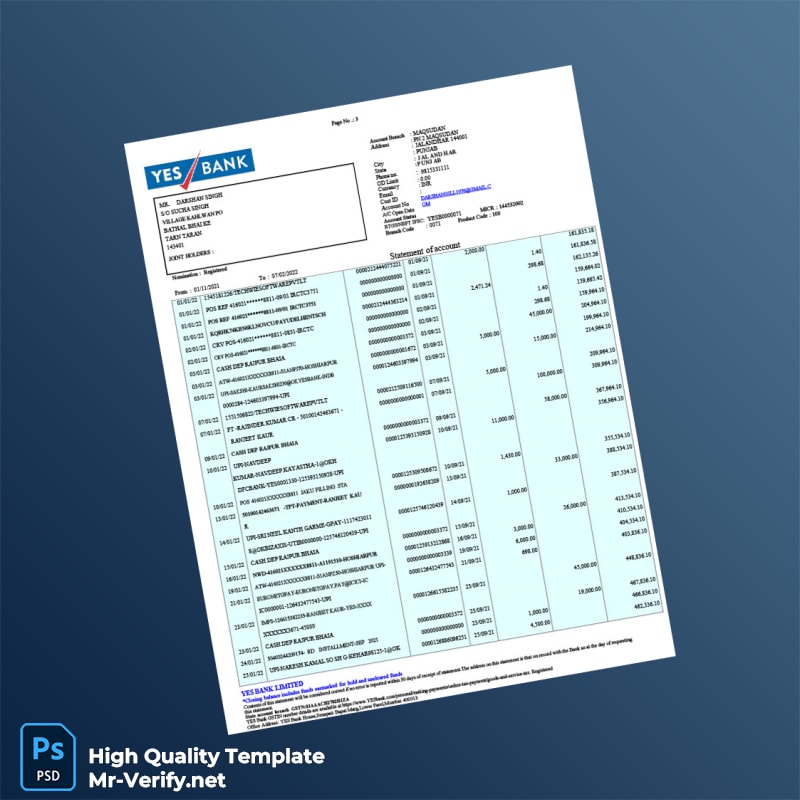 India YES Bank Bank Statement Template in Word and PDF formats page 3 India YES Bank Bank Statement Template in Word and PDF formats page 3
