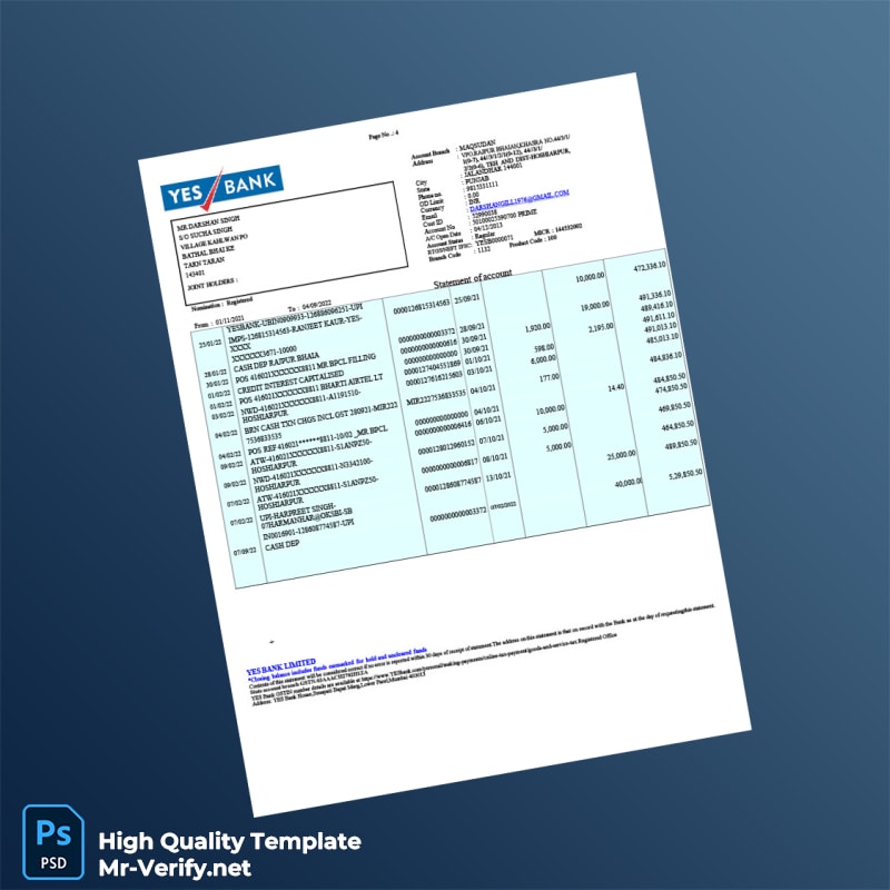 India YES Bank Bank Statement Template in Word and PDF formats page 4 India YES Bank Bank Statement Template in Word and PDF formats page 4