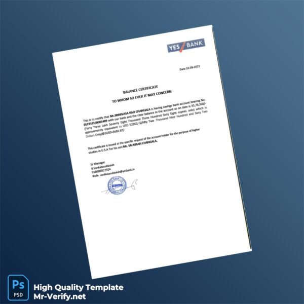 India Yes Bank Balance Certificate Template in Word and PDF formats