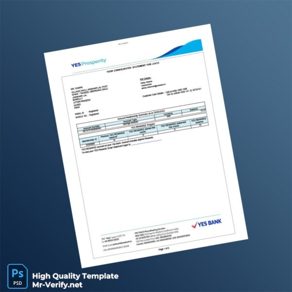 India Yes Bank Statement Template in Word and PDF formats