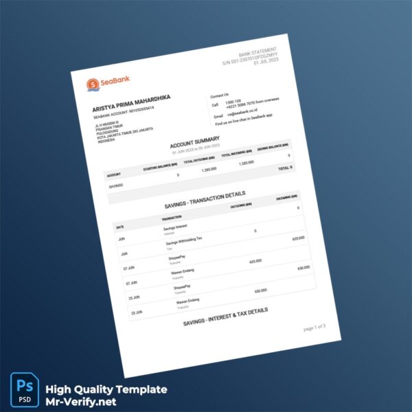 Indonesia SeaBank Account Statement Template in Word and PDF formats Indonesia SeaBank Account Statement Template in Word and PDF formats