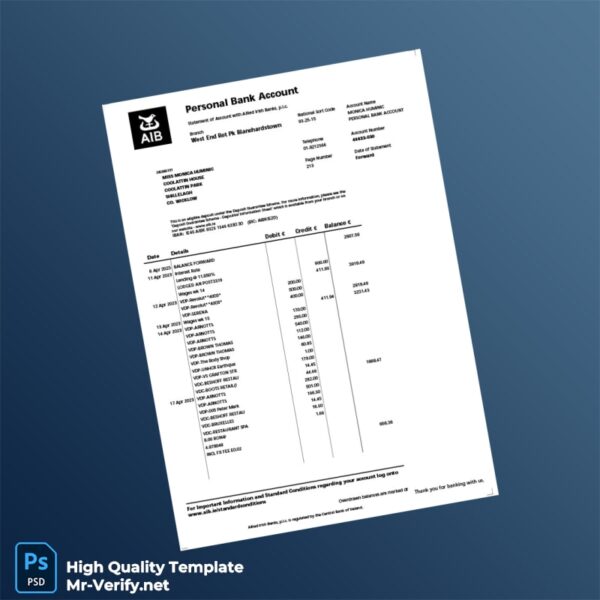 Ireland Allied Irish Banks Bank Statement Template in Word and PDF formats