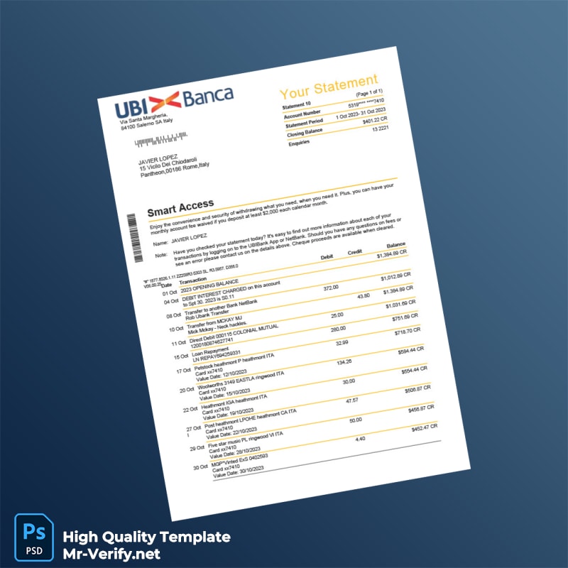 Italy UBI Bank Bank Statement Template in Word and PDF formats Italy UBI Bank Bank Statement Template in Word and PDF formats