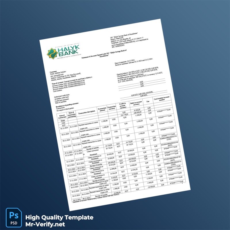 Kazakhstan Halyk Bank Credit Card Statement Template in Word and PDF formats Kazakhstan Halyk Bank Credit Card Statement Template in Word and PDF formats